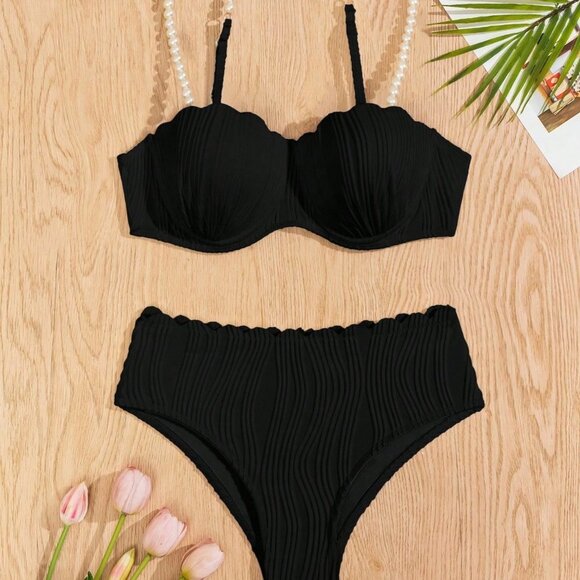 Black Cute Women's Beach Faux Pearl Decorated Shoulder Strap Sexy Bikini Set - Picture 4 of 6